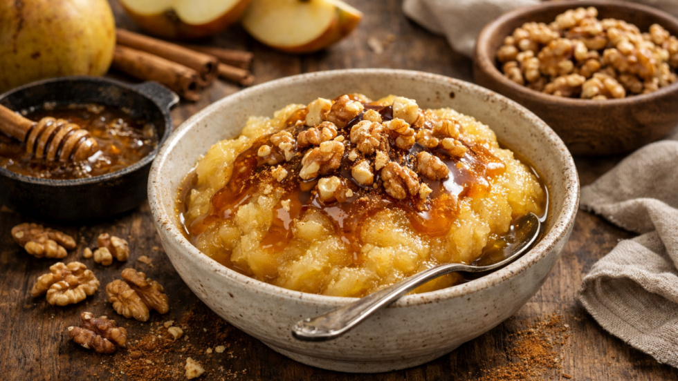 Compota de manzana reineta con toffee de miel y nueces