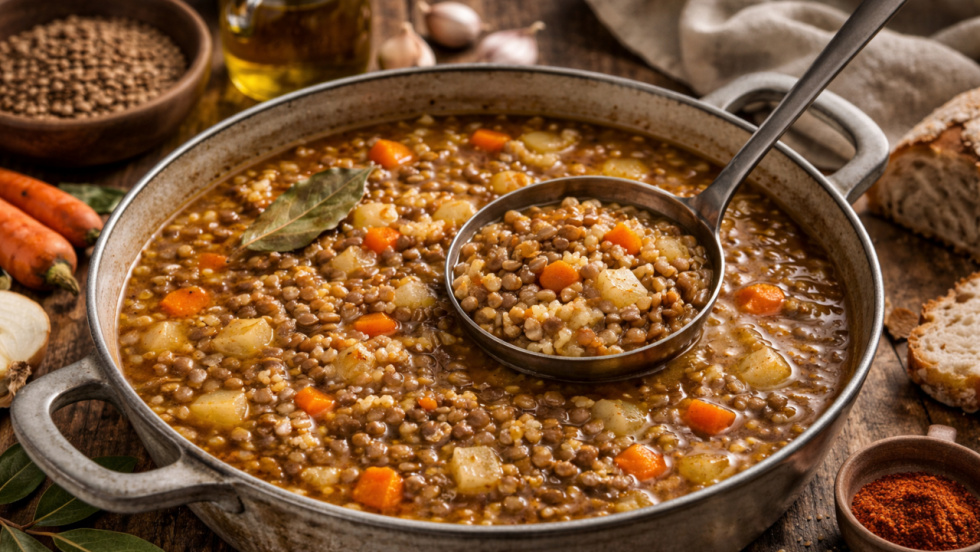 Guiso de lentejas con arroz y verduras de invierno