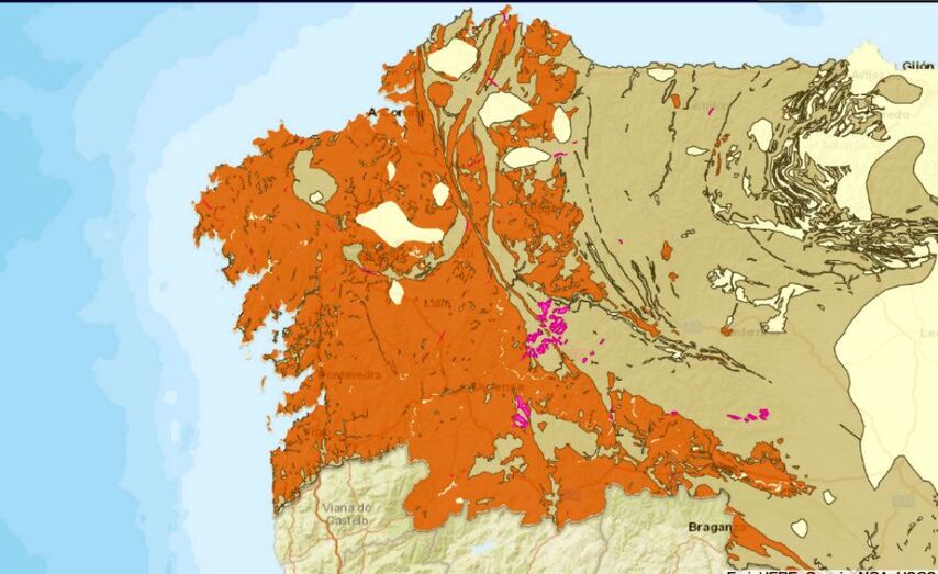 Imaxe das zonas de Galicia (en vermello) con un límite máximo superior a 400 Bq/m3. O actual regulamento estable ce que a partir de 300 Bq/m3 de concentración no interior das vivendas é perigoso para a saude Imaxe das zonas de Galicia (en vermello) con un límite máximo superior a 400 Bq/m3. O actual regulamento estable ce que a partir de 300 Bq/m3 de concentración no interior das vivendas é perigoso para a saude