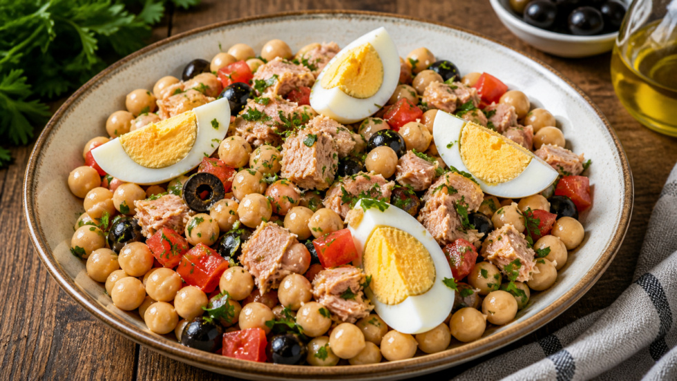 Ensalada de garbanzos con atún y huevo duro