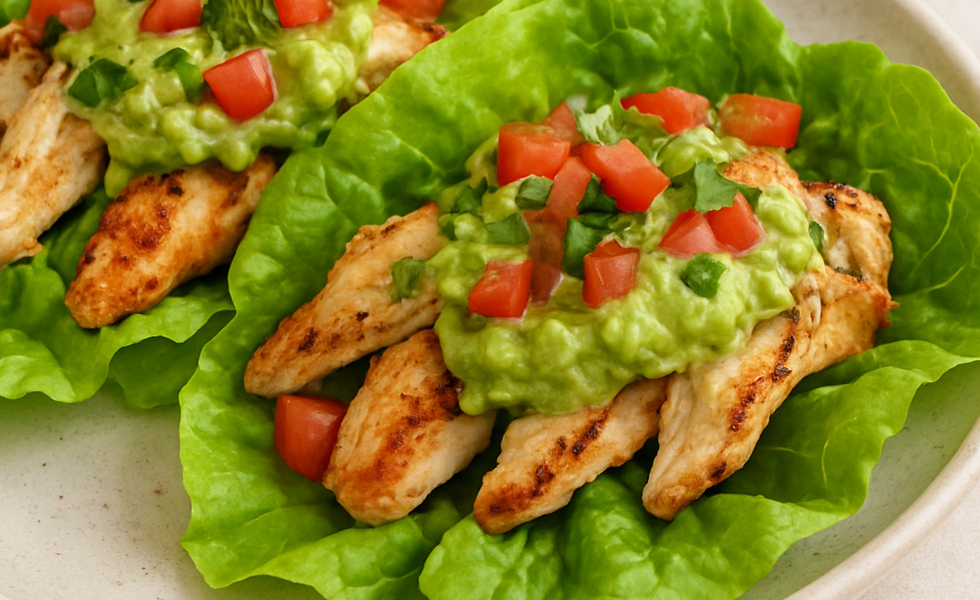 Tacos de lechuga con pollo a la plancha y guacamole ligero
