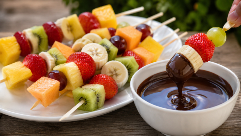 Brochetas de frutas con chocolate fundido