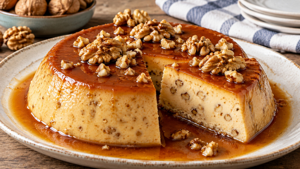 Flan de leche condensada con nueces de Galicia
