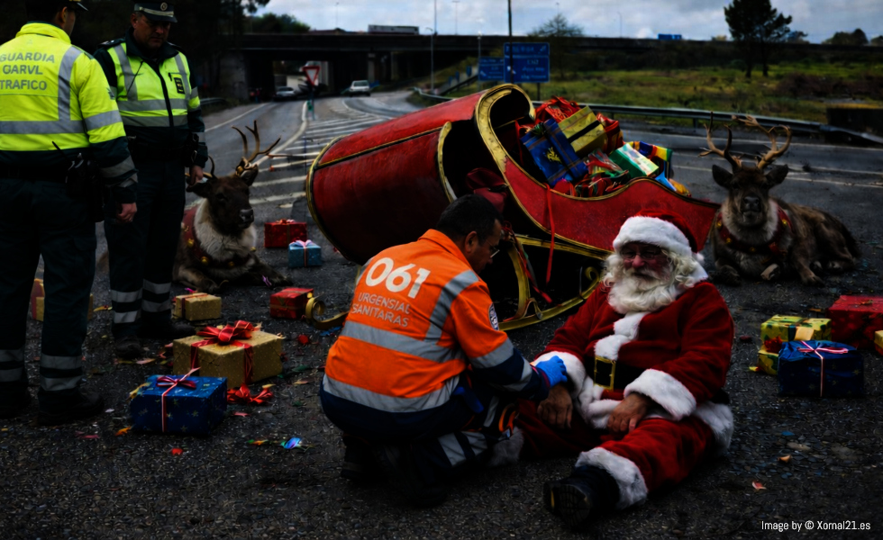 El trineo de Papa Noel sufre un aterrizaje forzoso a la entrada de la autovía a Vigo