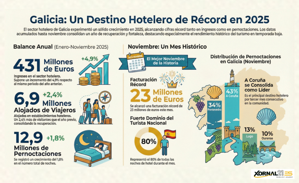 La industria hotelera gallega factura 431 millones hasta noviembre, un 4,9% más